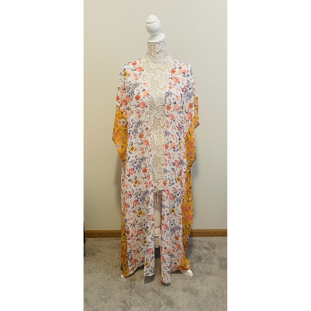 Floral Print Open Front Kimono Duster Mustard Yellow White Boho Longline Wrap